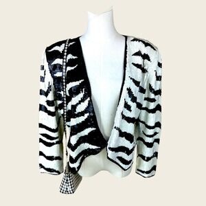 Modi vintage size 10-12 black and white sequined Silk Zebra jacket made‎ India